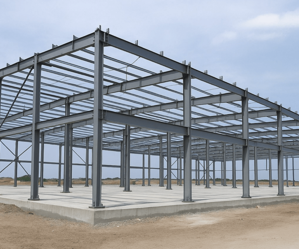 A steel-framed building site under construction, with a cloudy gray sky in the background.