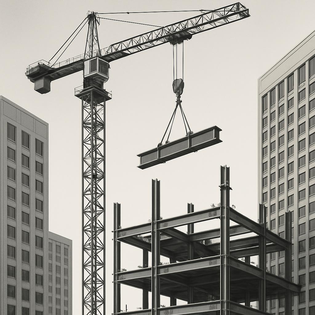An image of a construction site featuring ongoing urban development, characterized by a tall tower crane suspended above b...
