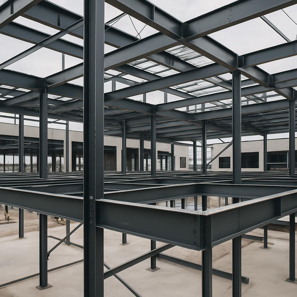 The image features a space with a metal framework that appears to be under construction. The structure consists of horizon...